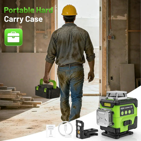 360 Degree Laser Level With LCD Screen Self Leveling For DIY Pros And Picture Hanging 4D Laser Leveler Tool With accessories shown