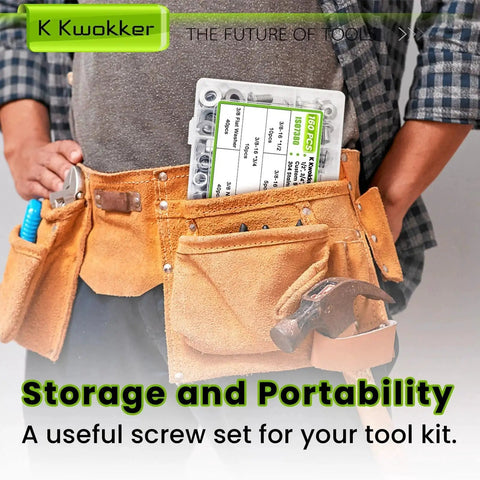 Person wearing tool belt with Pro Grade Stainless Steel 304 3/8-16 Bolt And Nut Set With Washers Full Thread Includes 160 Pieces