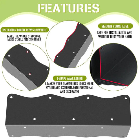 Features of 8-Pack Heavy-Duty Metal Corner Brackets For Raised Garden Beds 11x3x3 In, showing dislocation screw holes and wave edging.