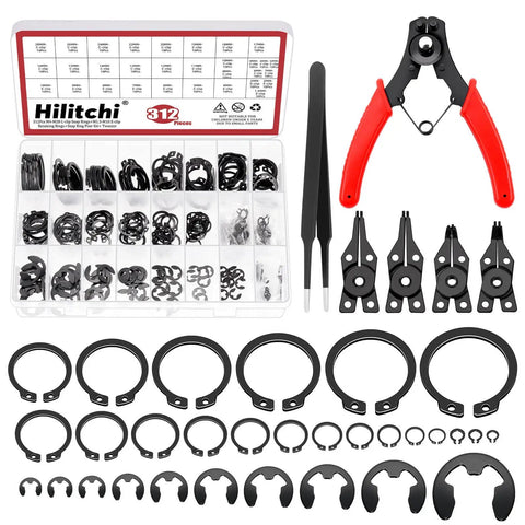 312 Pcs Snap Rings Kit With C Clips And E Clips Manganese Steel Retaining Ring Set M4 To M28 And 1.5 To 10mm 21 C Clip Sizes And 10 E Clip Sizes 10 Pcs Each Plus Snap Ring Plier Set And Tweezers For Quick Secure Fits, displayed with tools and assortment in case.