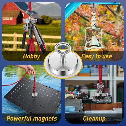 Collage showing Heavy Duty Fishing Magnet 500 Lb Pulling Power 2.36 Inch Base used in various settings for treasure hunting.