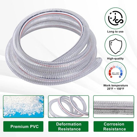 Coiled Five Foot Long Steel Wire Suction Hose With PVC Reinforced Tubing, High Pressure Flexible Vinyl Hose for Dust Collection