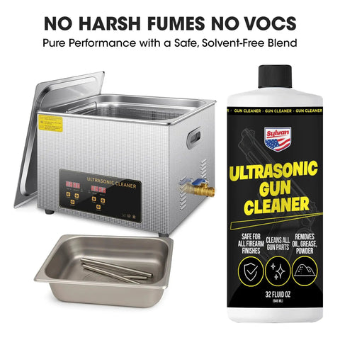 Front view of a stainless steel ultrasonic gun cleaner with a digital display beside a Sylvan Ultrasonic Gun Cleaner bottle.