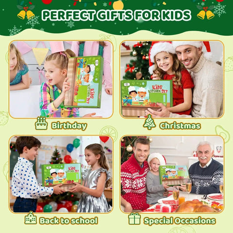 Happy families gifting a Toddler Knife Set For Kids Real Cooking Safe Kitchen Tools With Cutting Board And Crinkle Cutters 28 Pieces Montessori Style Kid Safe And Kid Friendly Kitchen Utensils For Ages 2 To 10 Little Chef Ready.
