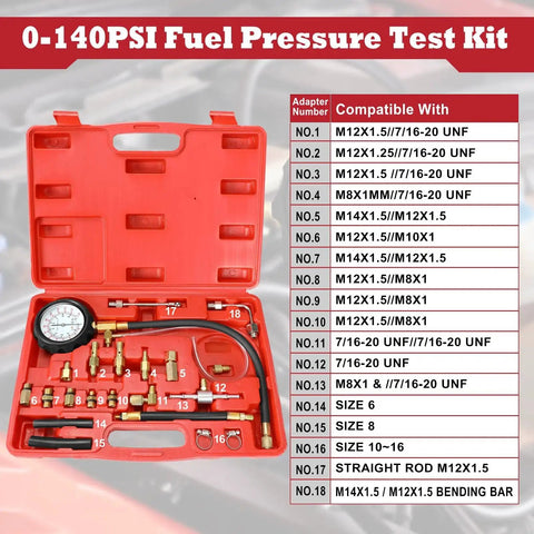 Fuel Injector Pressure Tester Gauge Kit 0 To 140 PSI With Adapters And Fittings in red case