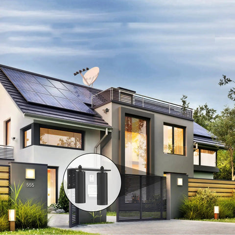 Contemporary house with solar panels and gate, featuring 6 Inch Adjustable Sliding Gate Rollers With Heavy Duty L Post Welded Bracket And Dual Hard Nylon Guide inset.