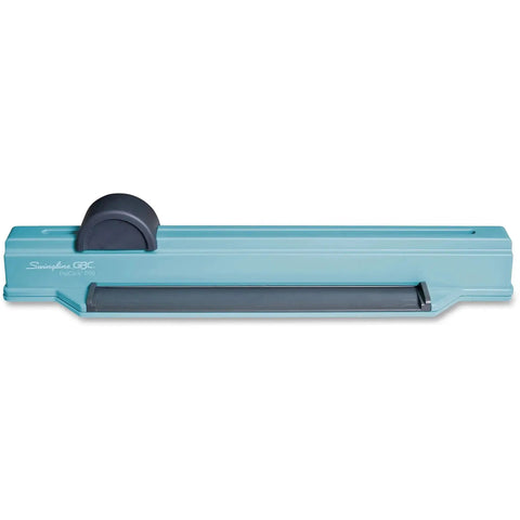 Manual Desktop Binding Punch For ProClick Spines, 6 Sheet Capacity, slim design, shown in blue with black handle, side view