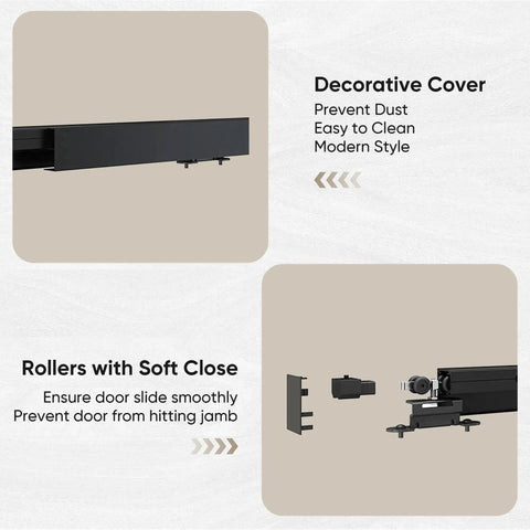 Sliding Barn Door Hardware Track Kit 8 Foot Aluminium Alloy Box Rail Wall Mount For Interior Wooden Doors Suitable For Door Panels 1 3/8 To 1 3/4 Inches Thick Maximum Load 130 Lbs Easy To Install With Detailed Assembly Manual, showing decorative cover and soft-close rollers details.