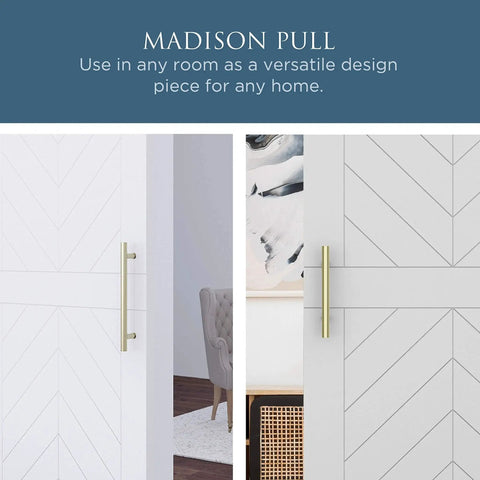 Interior Sliding Barn Door Hardware Madison Pull 12 Inch Brushed Gold Finish for Wood Interior Doors, installed on a door