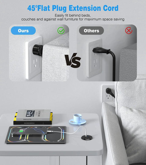 45-degree flat plug extension cord comparison in use behind furniture, showing space-saving benefits for desks and couches.