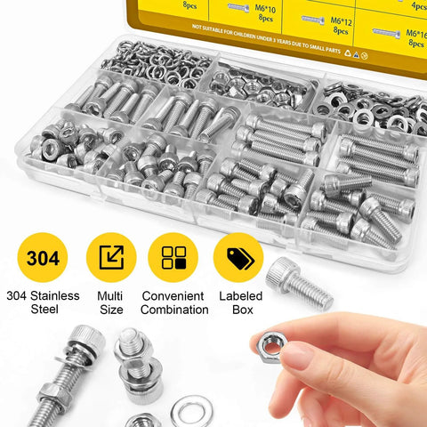 Close-up of 172 Piece M6 Screws And Nuts Kit With Hex Socket Bolts In 8 10 12 16 20 25 30 35Mm 304 Stainless Steel in box