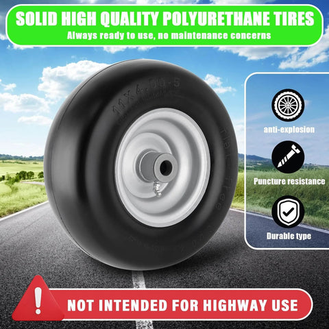 Flat Free 11x4.00-5 Lawn Mower Tires With Wheel Kit Two Pack Universal Fit Rim Centered Hub Uses Bushings Three Quarter Inch Five Eighths Inch Or One Half Inch Puncture Proof Cushioned Tread For Safer Smoother Lawn Care displayed on road background with specifications.