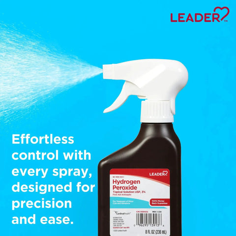 Hydrogen Peroxide First Aid Spray 3 Percent Solution For Home Disinfection And Minor Wound Care From Leader, 8 oz bottle