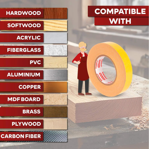 Pro Grade Heavy Duty Double Sided Woodworking Tape 1 Inch By 108 Feet Three Pack displayed on wood, compatible materials listed
