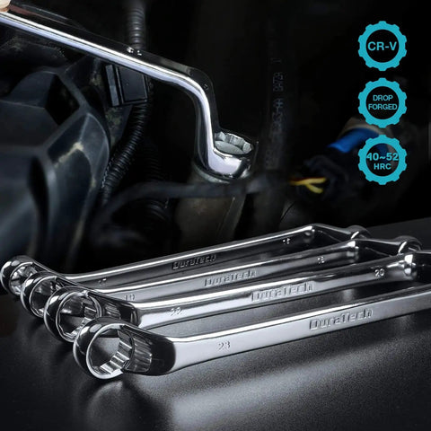 Offset Box Wrench Set Metric 9 Piece 6 To 23 Mm 75 Degree Offset Handles Double 12 Point Box Ends CRV Chrome Vanadium Steel Pouch