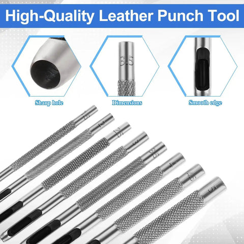 Leather Hole Punch Set 1.5mm-5mm For Belts And Leather Crafting, showcasing round hollow punches and rust-resistant 45 steel