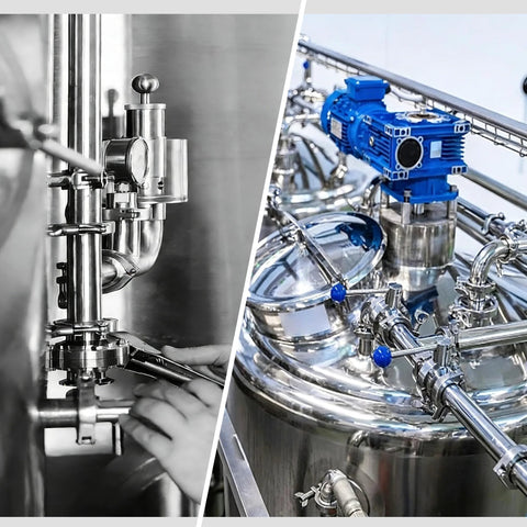 Five stainless steel 1.5 inch tri-clamp sanitary fittings with wing-nut ferrules and silicone gaskets.