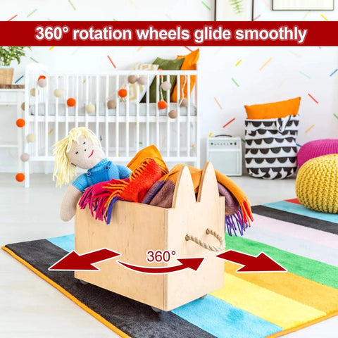 A wooden toy box with a doll on colorful carpet, showing 360-degree rotation wheels for smooth movement in a bright nursery room.