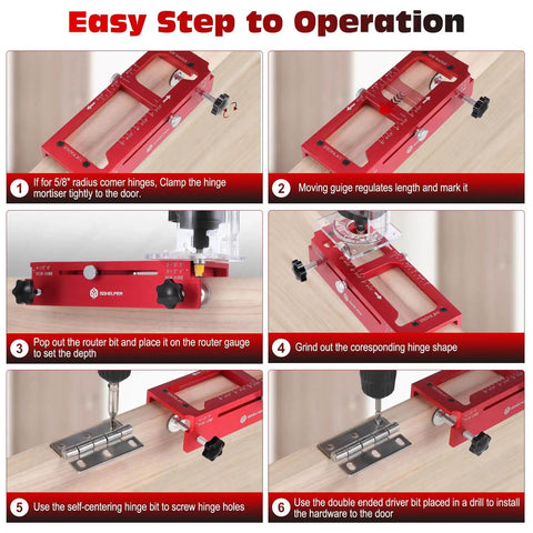 Step-by-step guide for using Pro Grade Aluminum Alloy Door Hinge Template Kit For Router Adjustable Mortise Jig Fits Hinges From 2.5 To 5 Inches One Quarter Inch Radius Five Eighths Inch Radius Square Corner Includes Door Lock Kit.