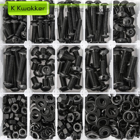Close-up of All In One 1160Pcs M3 M4 M5 M6 Nuts And Bolts Kit with lock washers, zinc plated hex button head screws in organizer