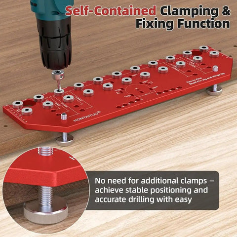 Handy Dual Function Shelf Pin And Hinge Jig 2 In 1 With 11 Hole Template One Quarter Inch And Five Millimeter Shelf Pin Drilling Guide Self Contained Clamp Cabinet Hardware Drill Guide For Quick Accurate Cabinet Installations in use on wood surface