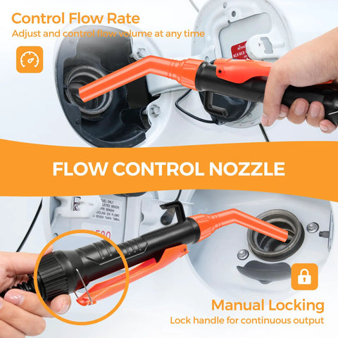 Close-up of Portable Electric Fuel Transfer Pump 3 GPM Battery Powered Siphon For Oil And Fluids With Adjustable Flow Control Nozzle Orange.