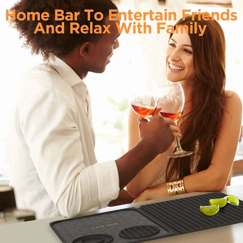 Multifunctional Folding Bar Mat for Home Bars and Travel Silicone Cocktail Prep Mat with drinks and limes on top.