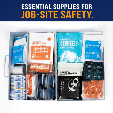 Open Industrial Grade Metal First Aid Kit showing 185 essential supplies, wall-mount cabinet by EVERLIT