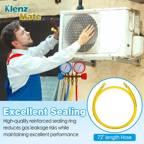 HVAC vacuum hose by Klenz Mate, 72-inch yellow, 3/8 flare fittings for refrigerant charging, low resistance, high flow.