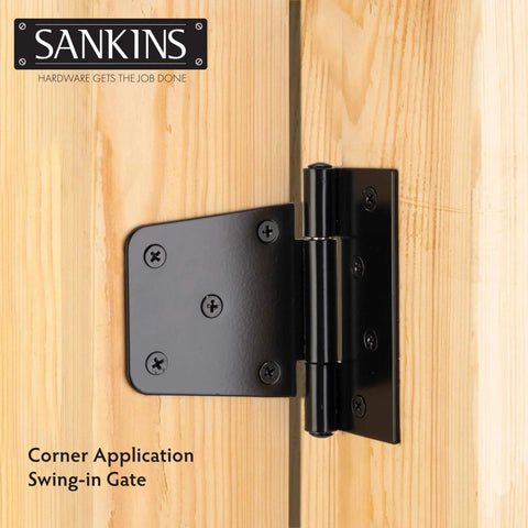 Heavy Duty Gate Hinges Three And A Half Inch Black Iron With Rust Resistant Powder Coat installed on wooden gate