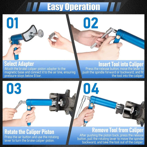 Rpeconu 23-piece blue pneumatic brake caliper tool kit with adapters; four-step instructional collage.