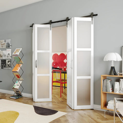 Space Saving Bifold Barn Door Kit With Sliding Hardware For Closet, White MDF Frame, 36 Inch Door Featuring Two 18 Inch Panels