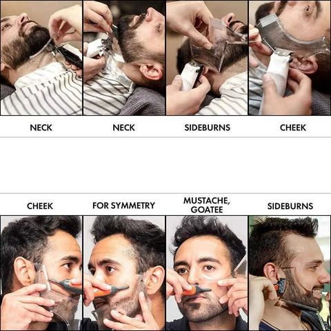 Beard Shaping Tool With Comb For Perfect Lineup And Edging For Mens Jaw Cheek And Neck Lines With Symmetric Curve And Step Cut Guides Works With Any Beard Razor Trimmer Or Clippers Clear Pack in use on neck, sideburns, and mustache.