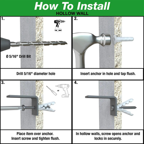 Installation steps for hollow wall using Alligator AF8 Flanged Anchor With Screws, Polypropylene, Made In USA, For Size 8 To 14 Fasteners