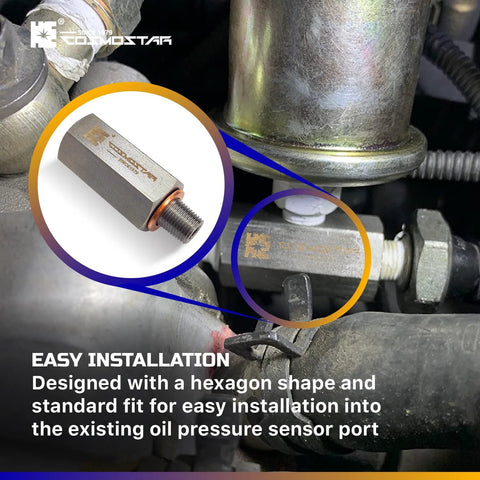 Cosmostar stainless steel 1/8 in NPT tee oil pressure sensor adapter, 304 SS fitting, installed in engine oil port