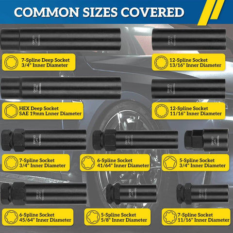 10 Piece Wheel Lock Removal Kit showing CrMo steel sockets with common sizes for aftermarket wheels on Jeep Ford Toyota Honda