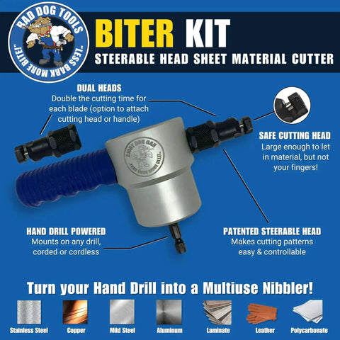 Biter kit drill mounted dual head nibbler attachment with steerable heads for precision sheet metal cuts, packaging details.