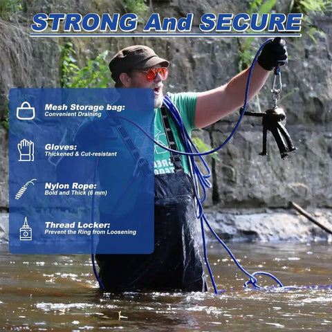Person using Fishing Magnet Kit 800 Lb Pulling Power With 65 Ft Nylon Rope For Salvage, holding retrieved metal in river.