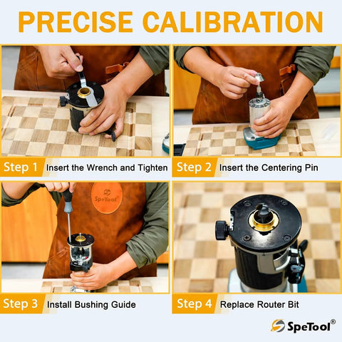 Demonstration of Pro Grade 13 Piece Brass Router Templates Bushing Guide Set With Locking Wrench Centering Pin And Aluminum Case SpeTool installation steps