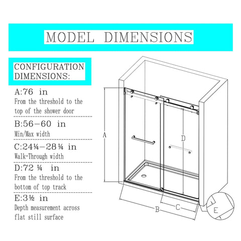 Frameless Double Sliding Shower Door With Adjustable Width To 56 To 60 Or 68 To 72 Inch Openings 10mm Tempered Glass Dimensions Diagram