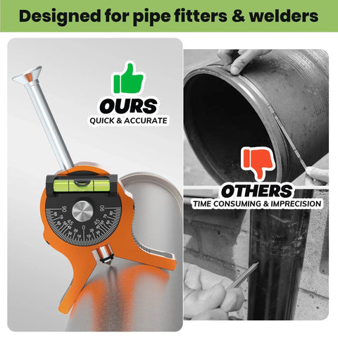 Upgraded Pipe Center Finder With Y Shape Base And Fully Embedded Magnets For Hands Free Center Marking Nuvium Pipefitting Tool With Dial Bubble Protractor No Tools Required Mark From 0.4 In And Up For Accurate Centering shown in use compared to traditional method.