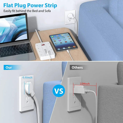 Power Strip With USB Ports And Surge Protector, Flat Plug, Eight Widely Spaced Outlets And Six USB Ports Including USB C, Five Foot Cord