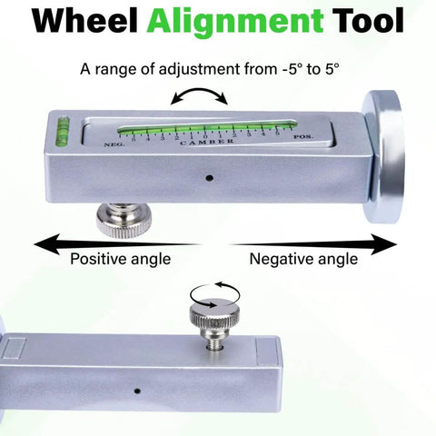 Universal Wheel Alignment Tool With Magnetic Camber Gauge, Adjustable From Minus Five To Plus Five Degrees, shown with angle indicators