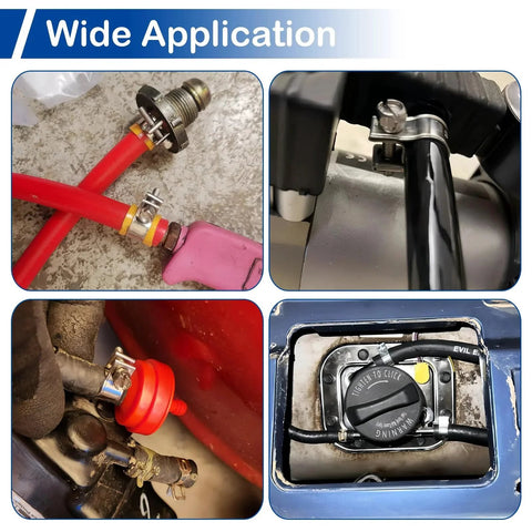 32 Piece Mini Fuel Line Clamps Set For 1/8 Inch Inner Diameter Fuel Injection Hose Adjustable 5/16 To 13/32 Inch Diameter Zinc Plated Gas Line Clips For Diesel Petrol Automotive Truck in use on various hoses.