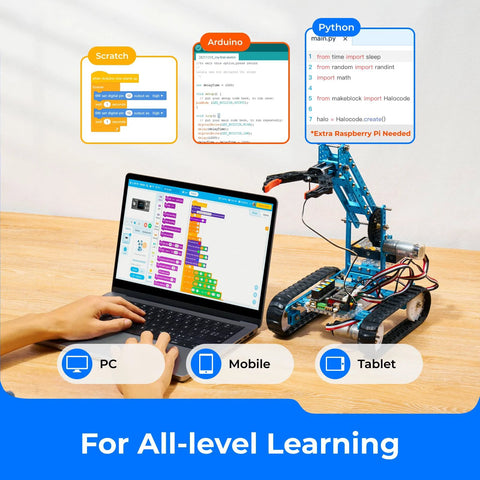 Makeblock mBot Ultimate 10-in-1 robotics kit with blue frame on desk; laptop shows block coding.