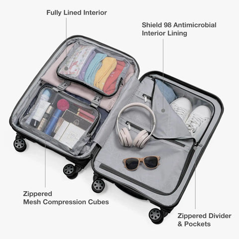 Open Pagosa Hardside Carry-On Luggage with 2-Inch Expandable Gusset, showing fully lined interior and organized packing features.