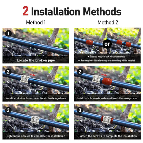 Installation guide for Upgraded Pipe Repair Clamp With M1 Self Adhesive Leak Sealing Tape for 25-28mm pipes, showing two methods.
