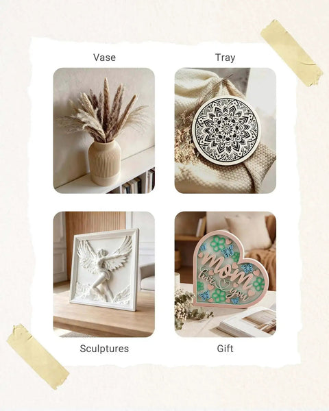 Collage of decor items including a vase with dried flowers, a decorative tray, a 3D printed sculpture, and a gift sign with "Mom".