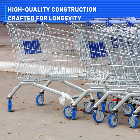 Five Inch Shopping Cart Wheel Set With Dual Precision Bearings And Polyurethane Tread Blue Crown installed on carts on pavement.