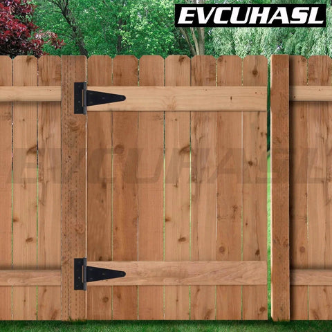 4 Inch T Strap Gate Hinges 2 Pack Heavy Duty Black Tee Hinges on Wooden Fence with Glossy Finish